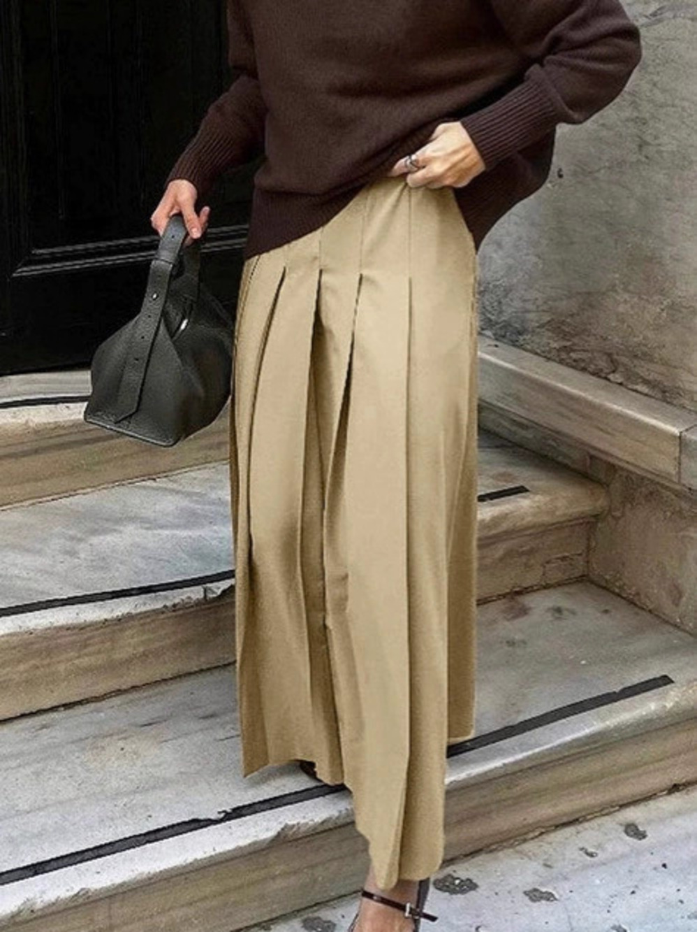 Forever 21 Office Preppy High Waist Pleated Midi Skirt Khaki Fall
